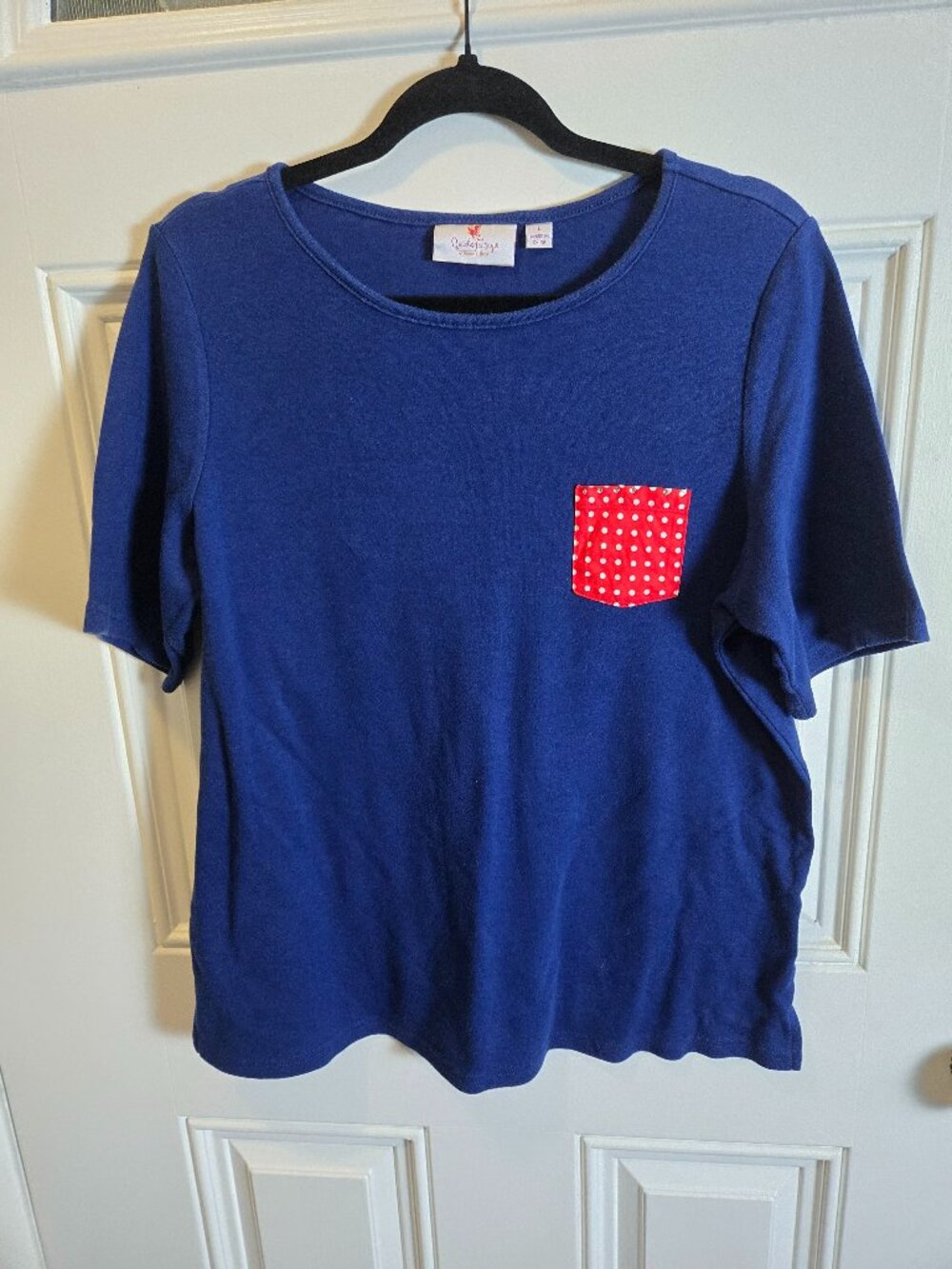 Quacker Factory Jeanne Bice L Blue Top Red Polka Dot Rhinestone Pocket Patriotic